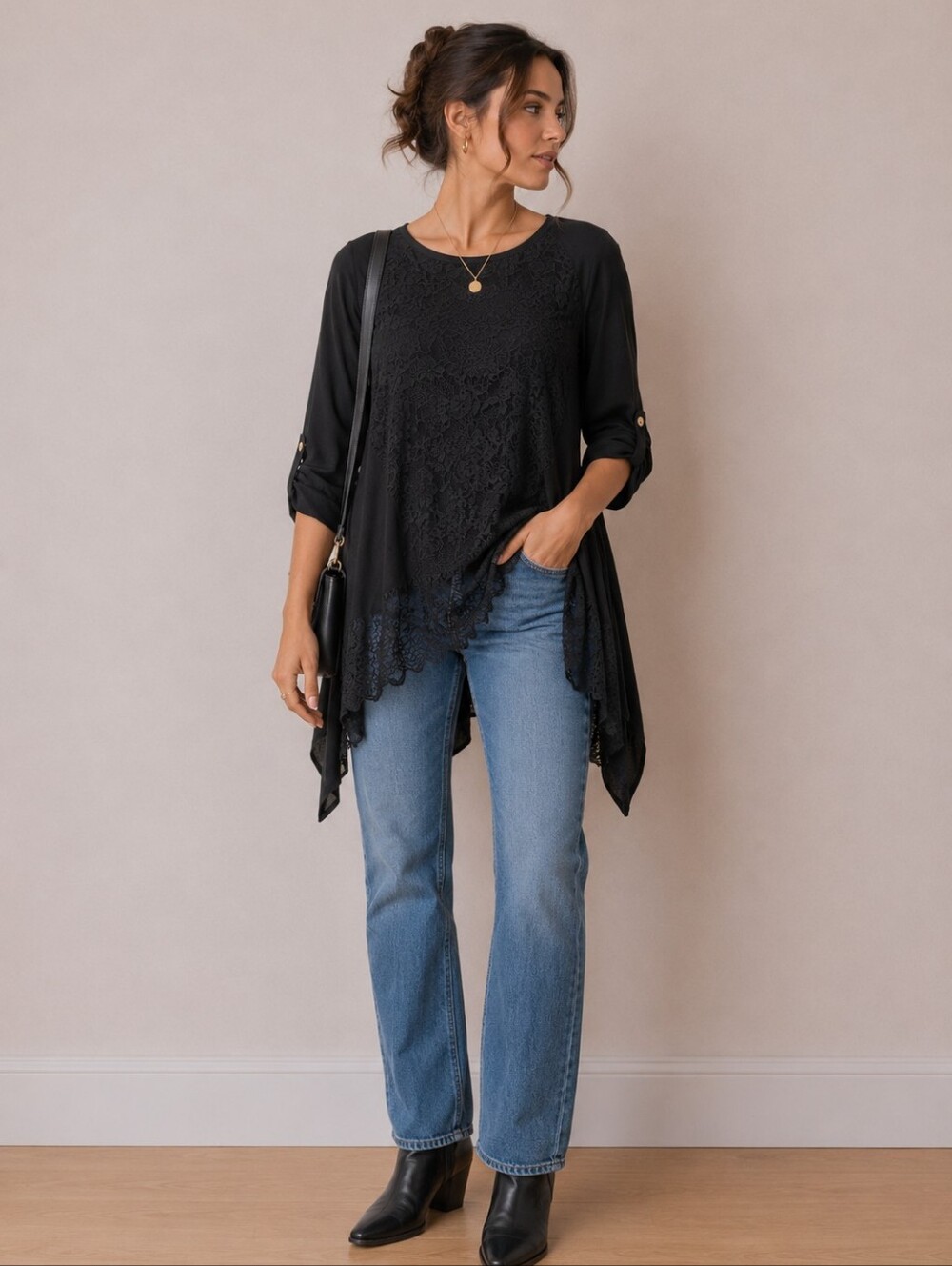3/4 Sleeve Black Lace Tunic // size S